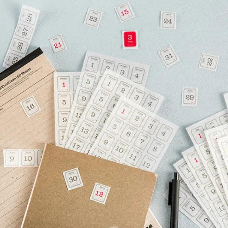 365 Days Date Tape Stickers for Notebook Dairy Journal Planner Date Mark Calendar Sticker Stationery 12 Sheets