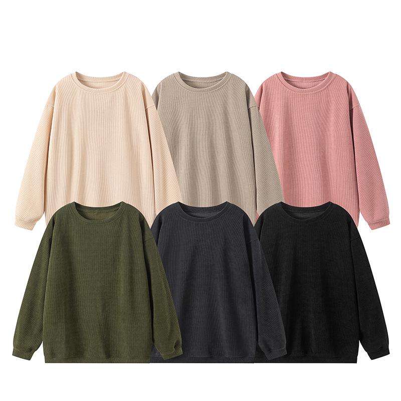 Women's Autumn/Winter Corduroy Round Neck Sweatshirt - Casual Long Sleeve Fashion Pullover