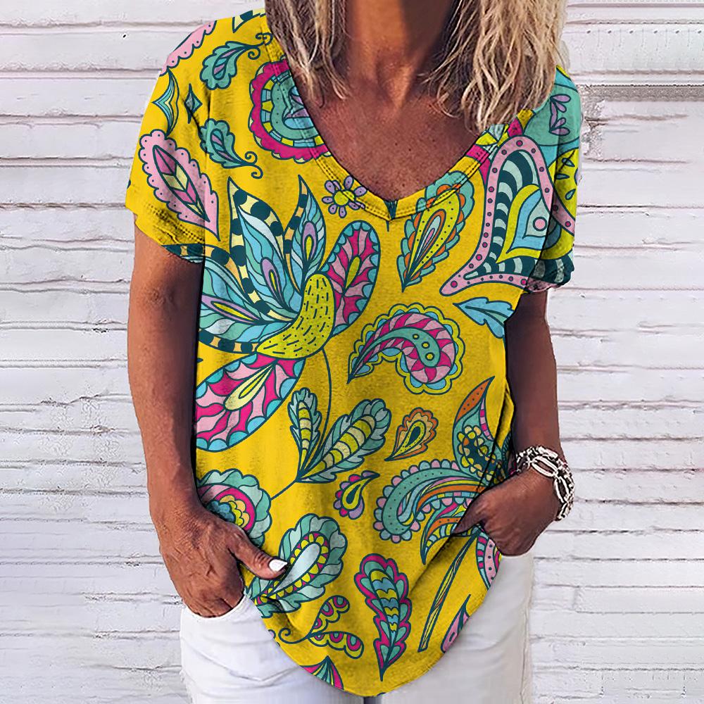 Винтажный принт топ женский с короткими рукавами уличная летняя футболка женская мода повседневная футболка с V-образным вырезом Y2k свободная женская одежда