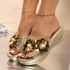 Floral Gold Silver Sandals Women Slip On Wedge Heels Pearl Sandalias Mujer Summer 2025 Soft Sole Platform Slippers Shoes Woman