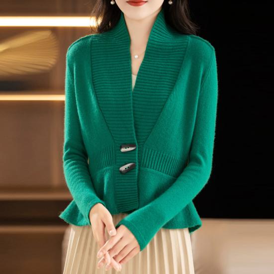 Women Sweater Coat V-Neck Long Sleeve Ruffle Hem Knitting Sweater Solid Color Slim Fit Waist Tight