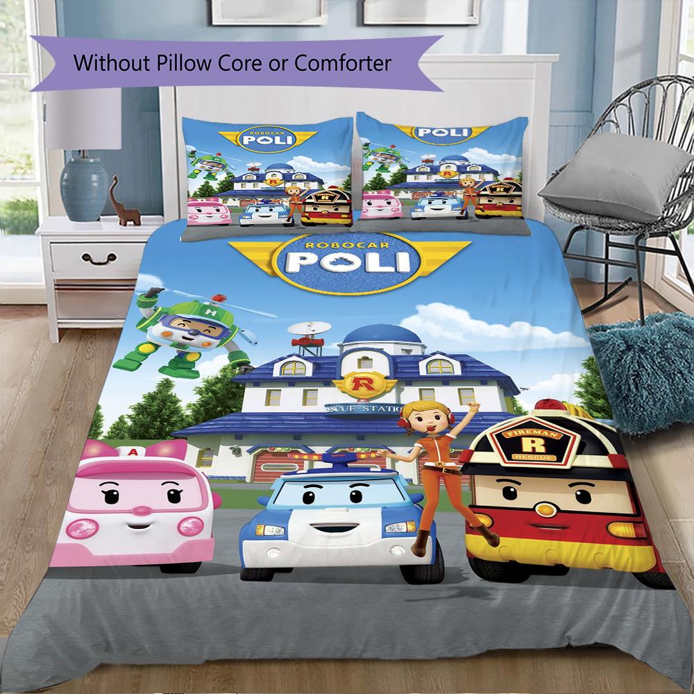 Robocar Poli Pattern Bedding,Quilt Set Quilt Cover Pillowcase Home Birthday Gift (1*duvet cover+2*pillowcase,without core)XSJT0917349