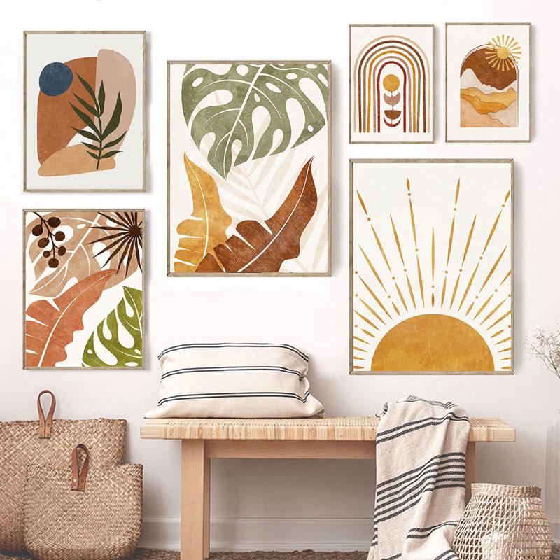 Бохо Монстера Пальмовый Лист Настенные Панно Линии Геометрии Художественный Плакат Солнце Луна Настенные Плакаты Абстрактное Искусство Живопись Cuadros Decorativos