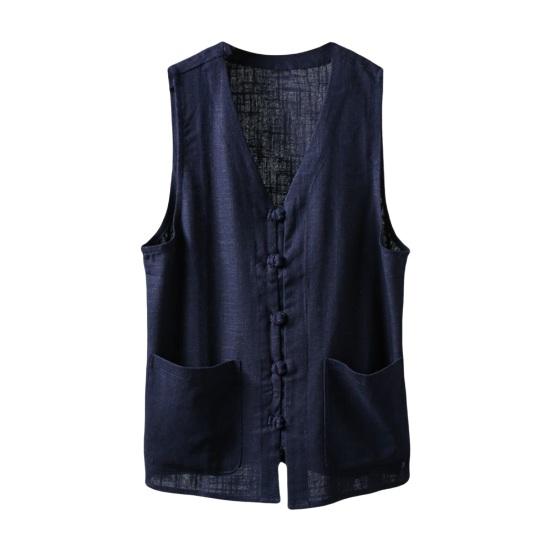 Мужской летний жилет однобортный в ретро-китайском стиле с завязками на пуговицах, свободный, без рукавов, с V-образным вырезом, накладными карманами, однотонный повседневный топ