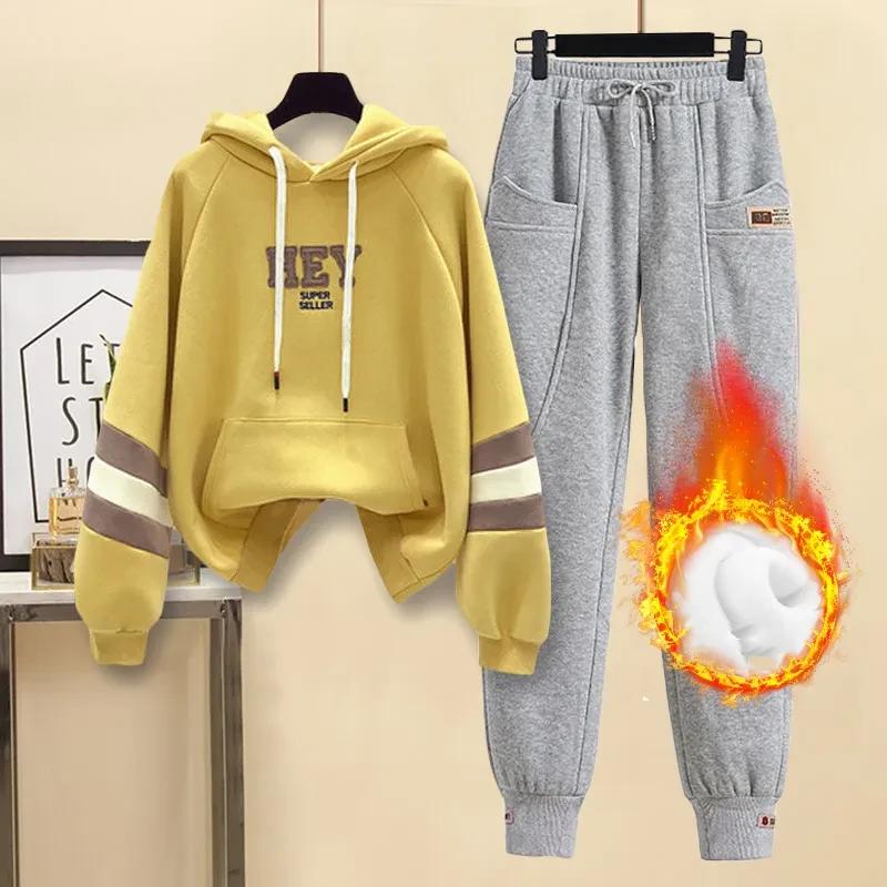 Women's Fall and Winter Padded and Thickened Comfortable Sports Suit Hooded Pocket Sweatshirt + Sweatpants Two-piece Set