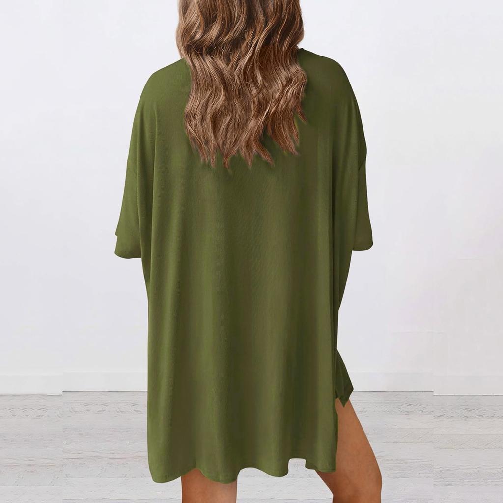 Женский свободный модный однотонный топ с разрезом и круглым вырезом, с коротким рукавом, с маленьким карманом, шорты, комплект из двух предметов