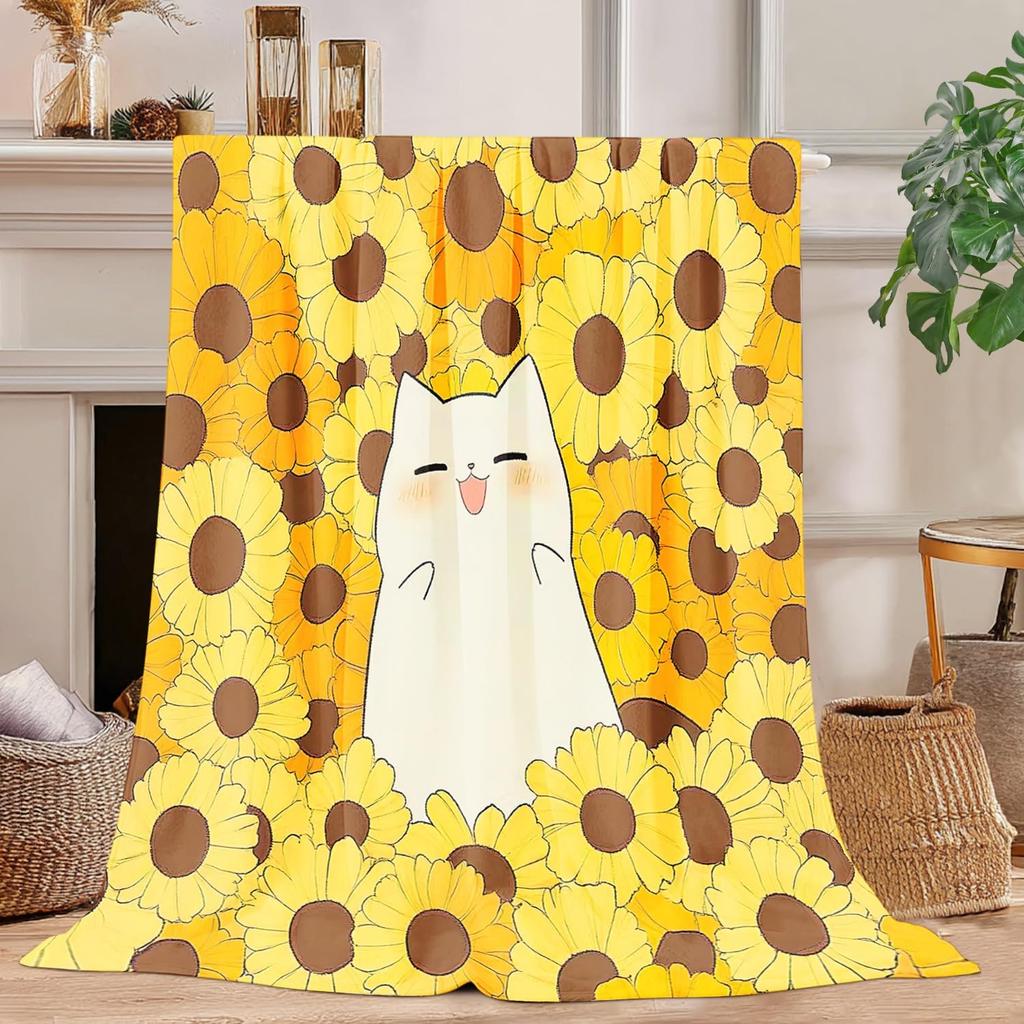 Cat Sunflower Blanket Cat Sunflower Decor Cozy Animal Throw Super Soft Plush Flannel Fleece Blanket Gift for Kids Adults Men