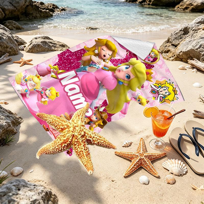 Custom Name Personalized Princess Peach Toadstool Print Beach Towel, for Trip Camping Beach Party Home Decor, Birthday Gift for Family & Friends