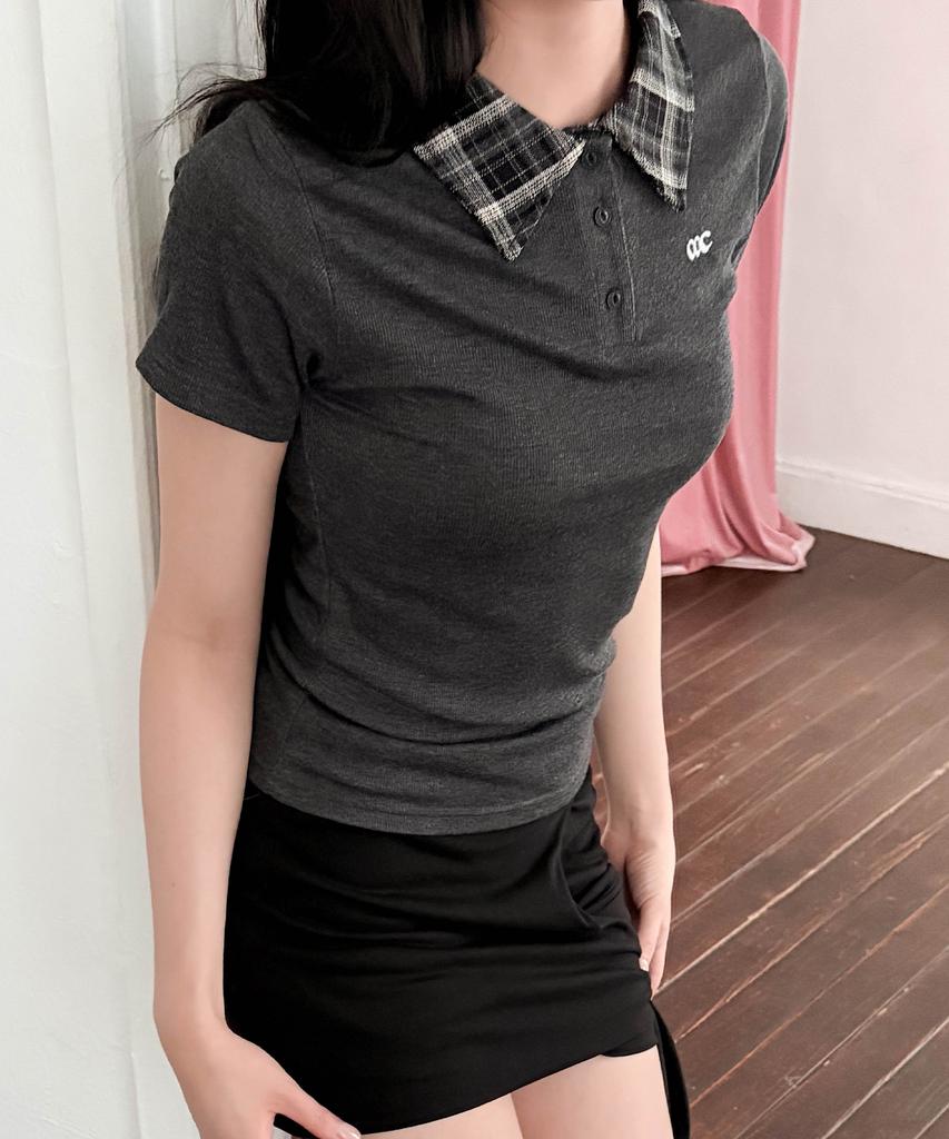 CHICKS Check Point Collared Short Sleeve T-Shirt Charcoal