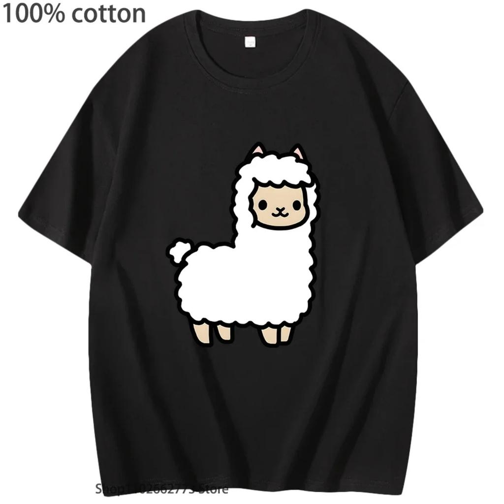 Мультяшная футболка из альпаки Vicugna Pacos Модная одежда Kawaii_Милые рубашки Популярные футболки с принтом животных Круглый вырез Повседневная 100% Хлопок