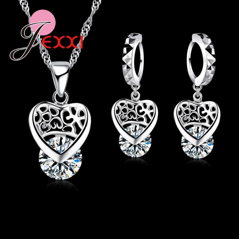 Fashion Woman Accessories 925 Sterling Silver Jewelry Sets Luxury CZ Crystal Heart Pendant Necklace + Earring Set