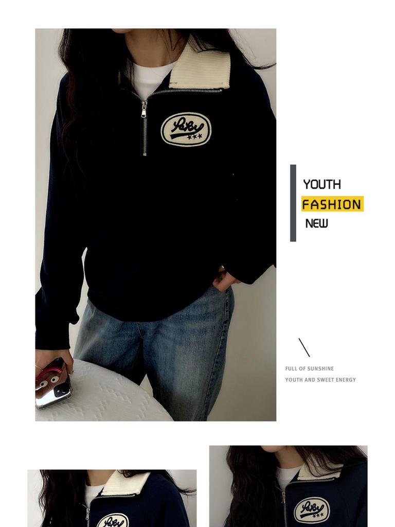 Женский ретро свитшот поло на молнии до середины - Маленький размер, Свободный крой, Корейский стиль, Весна/Осень 2025