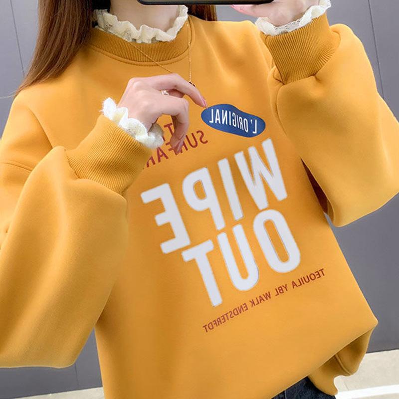 Sweatshirt Women Autumn Thickened Warm Loose Fake Two Piece Tops Half High Neck Hoodless Pullover Top