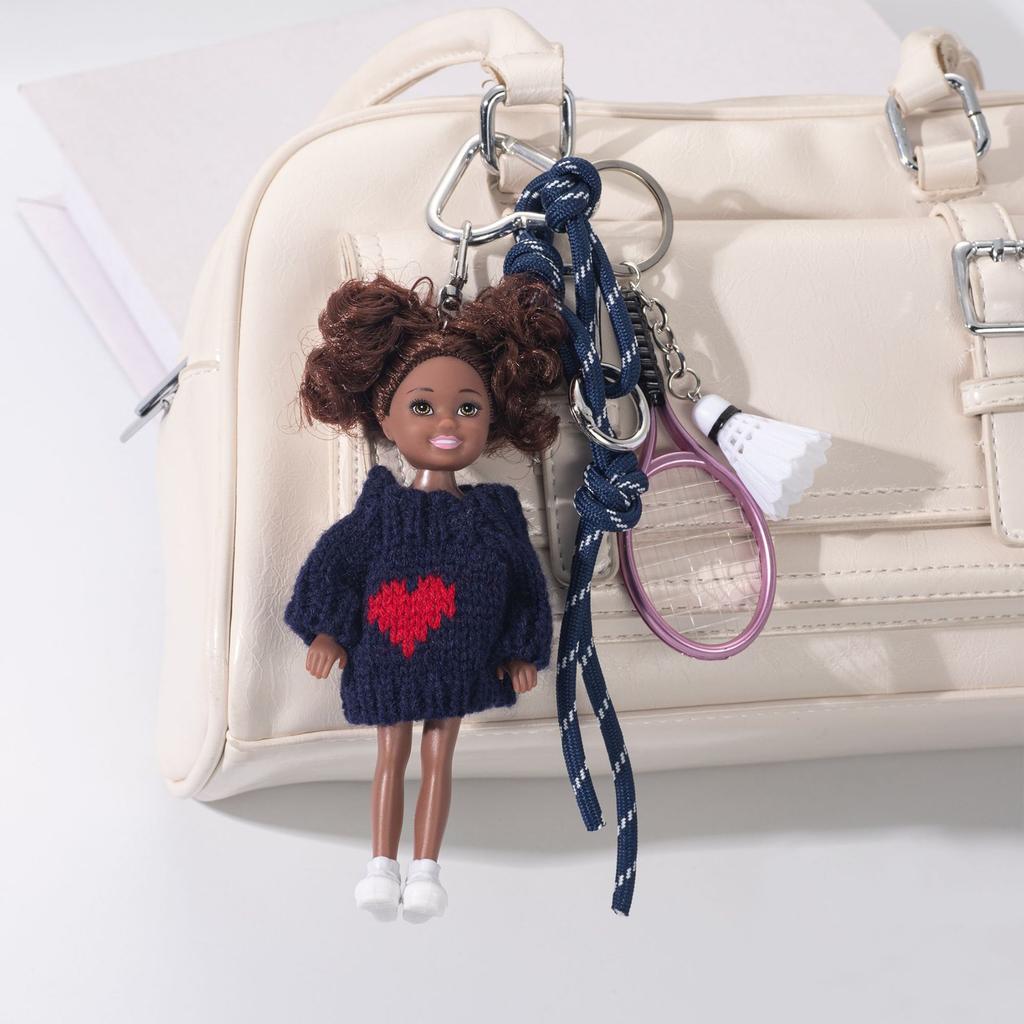 Black Leather Doll Keychain Mini Tennis Jewelry Mobile Phone Bag Pendant DIY Decoration