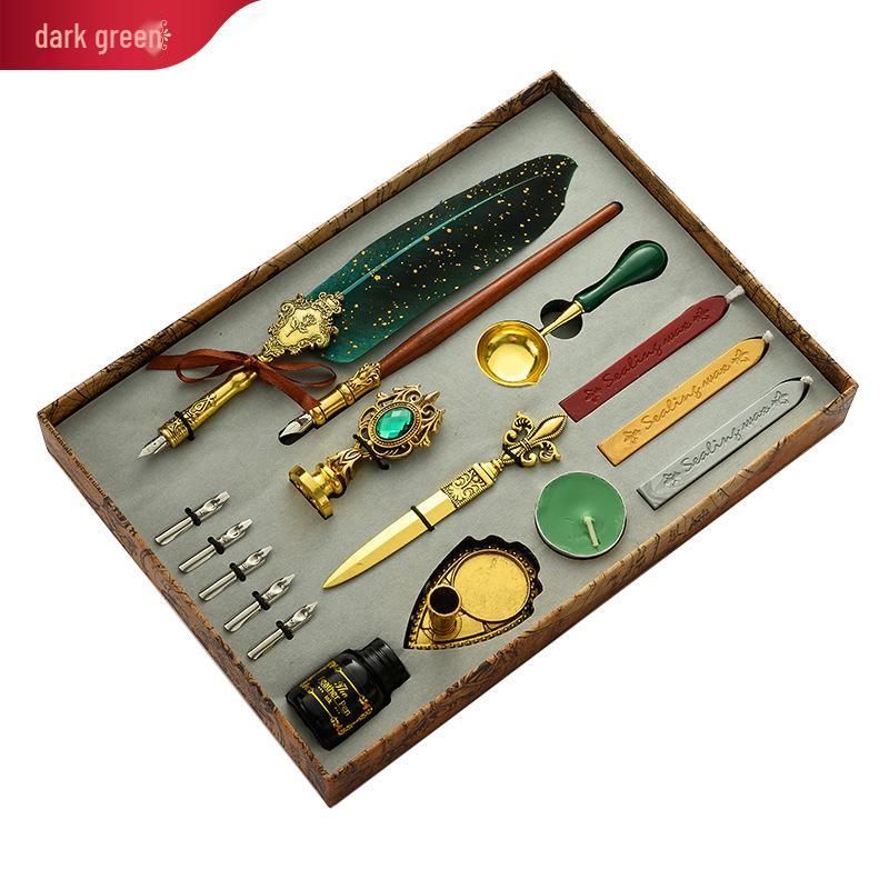 British Style Gold Splatter Feather Pen Set with Custom Logo - Ink Dipping Set, Birthday Gift