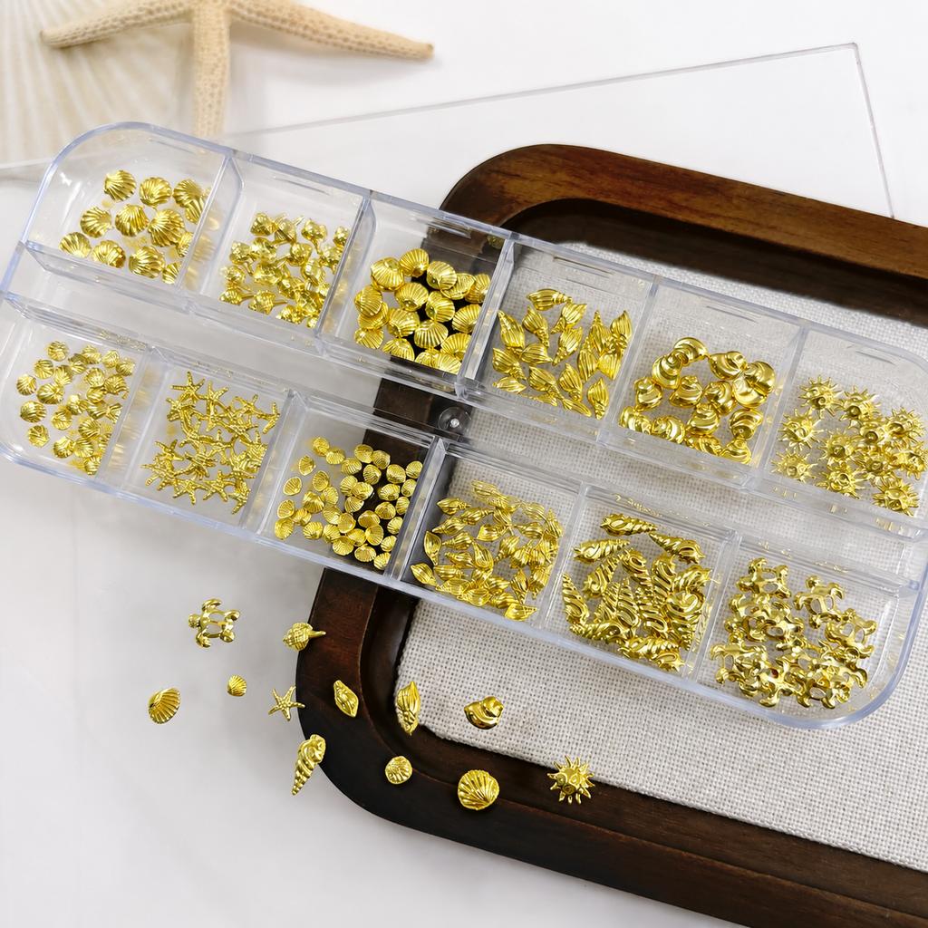 11 Grid Ocean Series Metal Nail Charms Gold Silver Shell Starfish Mixed Nail Art Decoration Accessories
