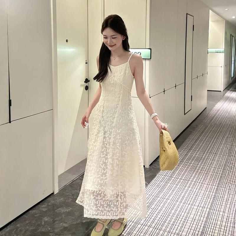 Elegant Summer Polyester Lace Midi Dress For Women With Waistcinching Design