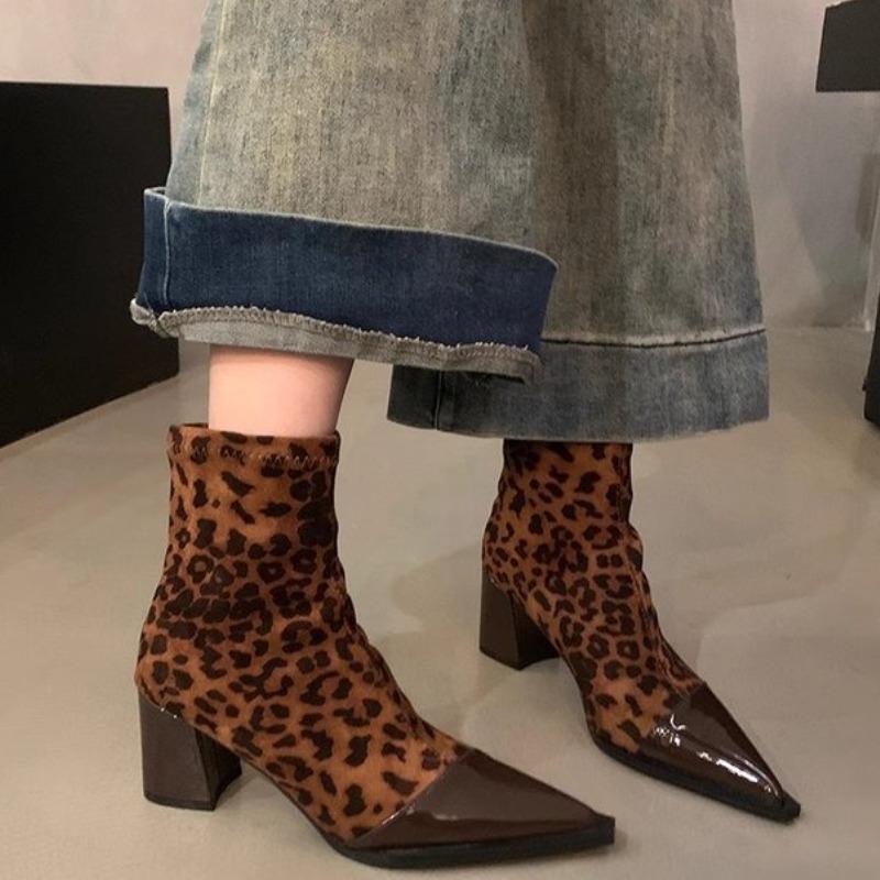 Fashion Leopard Women Ankle Boots Sexy Pointed Toe High Heels Shoes Suede Designer 2025 Trend New Winter Chelsea Fashion Boots Pumps