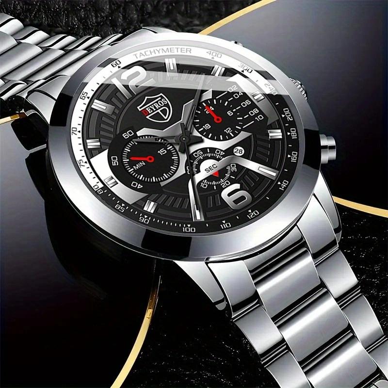 3pcs/set, Fashion Men's Calendar Sports Quartz Watch with Stainless Steel Strap & Bracelet & Necklace, Best Gifts for Him