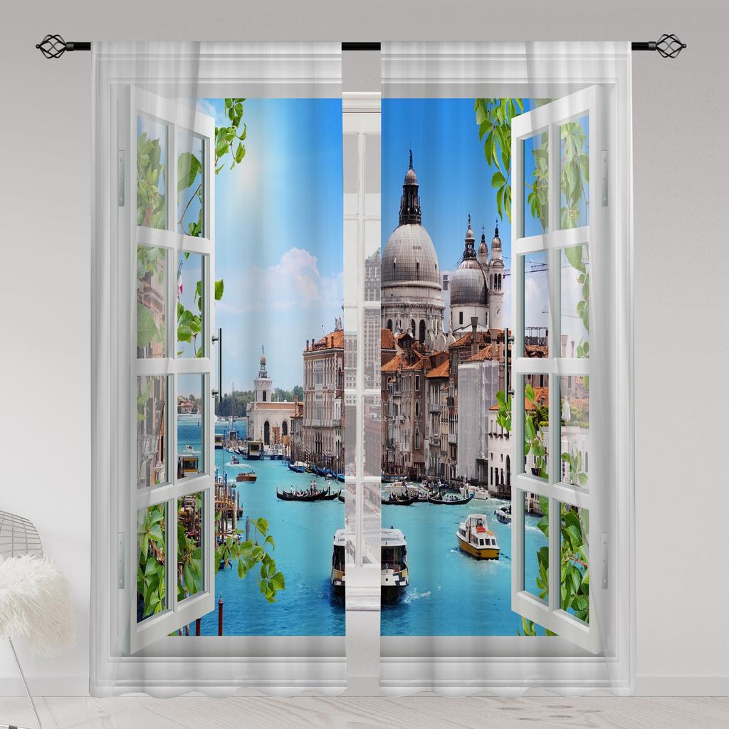 2pcs Landscape Seaside Coconut Tree Blue Sky White Cloud Printed Translucent Curtain Multi-scene Polyester Rod Pocket Decorative