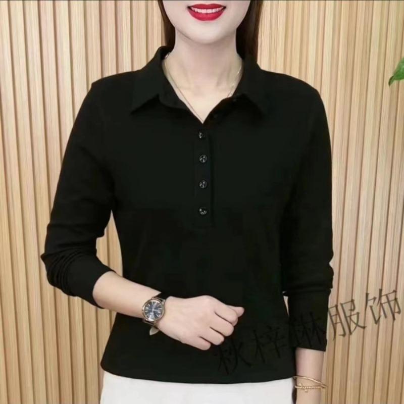 Женская блузка-поло с длинным рукавом, однотонная, приталенная, для мамы среднего возраста