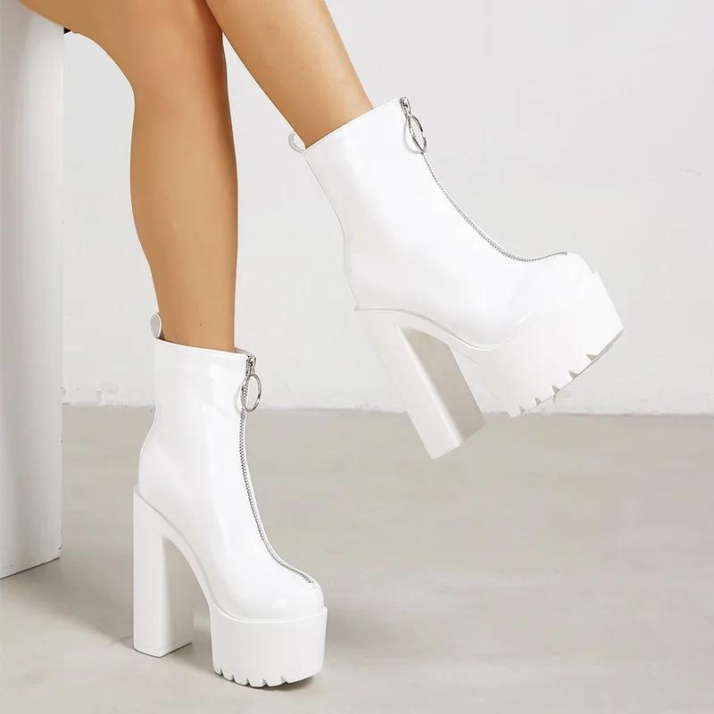 Осенние женские ботильоны на высоком каблуке в стиле Ins 2024 года, новые модные ботильоны из искусственной кожи с застежкой-молнией, однотонные, на толстой подошве, Botas Mujer