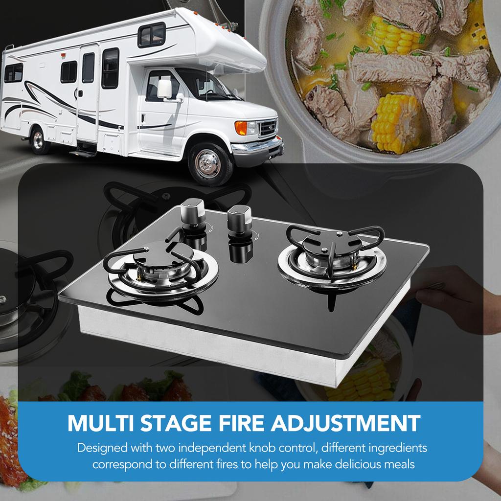 RV Gas Stove 2 1.8Kw Power Tempered Glass Panel Easy To Clean Gas Cook Top for Boat Camper Yacht Gas Stovetop