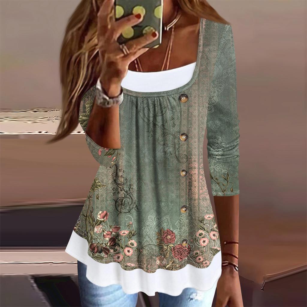 Women's T Shirt Tee Print 3/4 Sleeve Fake Two Pieces Daily Weekend Fashion Basic Regular Top