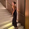 Womens Lace Trim V Neck Slim Fit Slip Dress Sexy Backless Long Gown Party Date