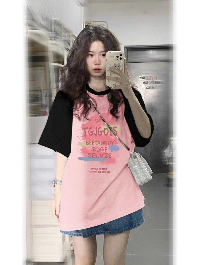 Женская хлопковая футболка ретро с цветовыми блоками большого размера - Черный/Розовый