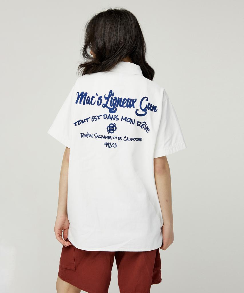 MAGOODGAN Рубашка с коротким рукавом оверсайз, темно-синяя, с желтой вышивкой цепью, артикул 2905