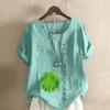 Women's Fashion Round Neck Short Sleeve T-shirt Casual Cotton Linen Graphic Shirt Leisure Green Leaf Prined Summer Blouse Tops