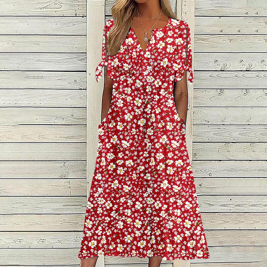 Women's Fashion Casual Bohemian Prints Round Neck Button Off Shoulder Short Sleeve Pocket Dress