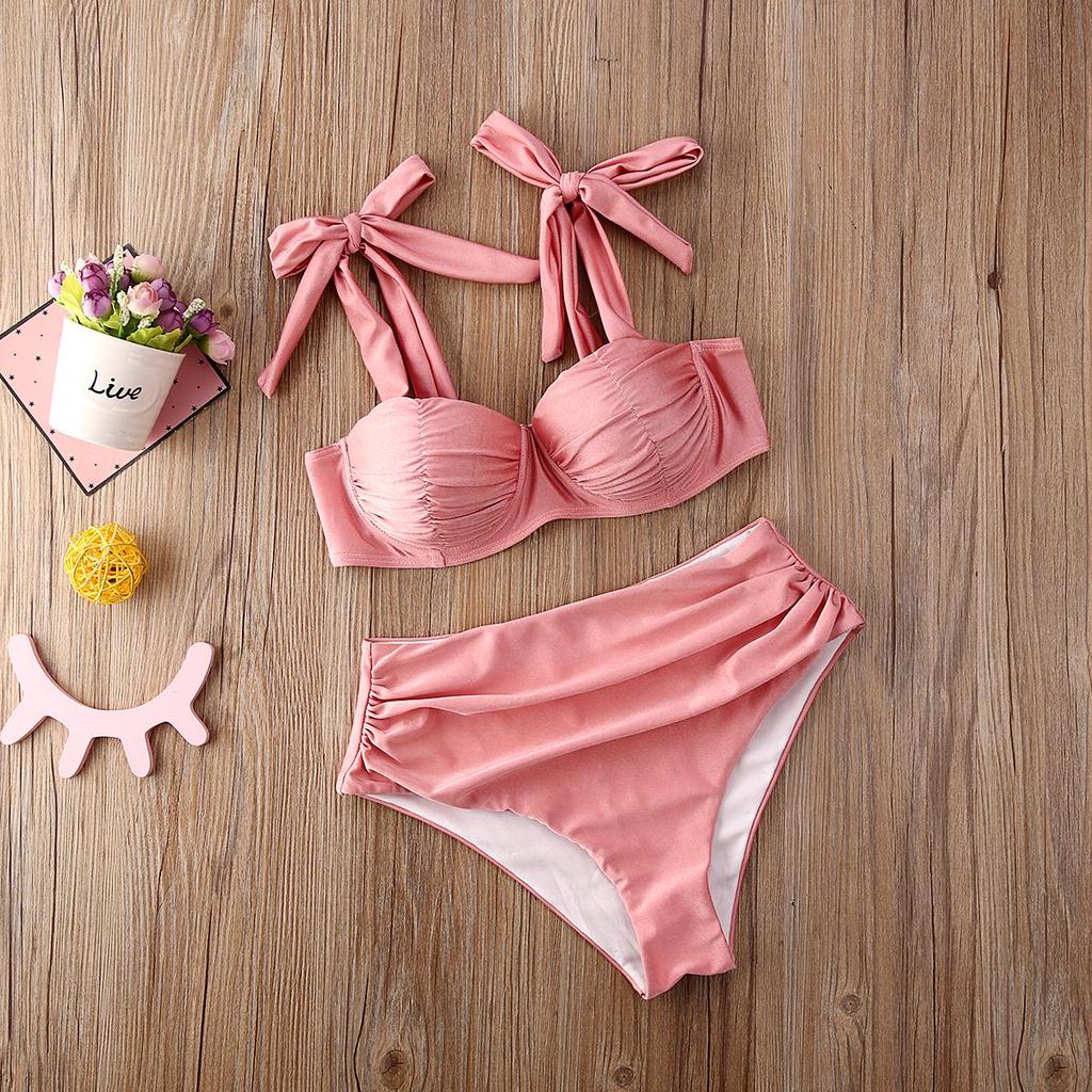 Women Lace-up Strap Bow High Waist Thong Bikini Set Swimsuit 2020 New Pink Padded Push-up Bra Bathing Suit Swimwear