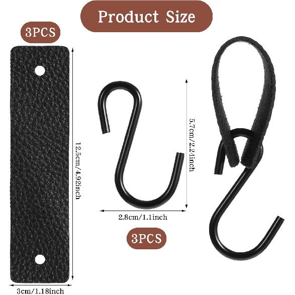 Leather S Metal Hooks,3 Pcs Multifunctional S-Hooks with PU Leather Coat S Hooks for Hanging Clothes Outdoor Camping Hanging Kitchen(Black)