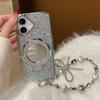iPhone 16 Case with Makeup Mirror Kickstand, Strap Glitter Epoxy Electroplated Phone Cover