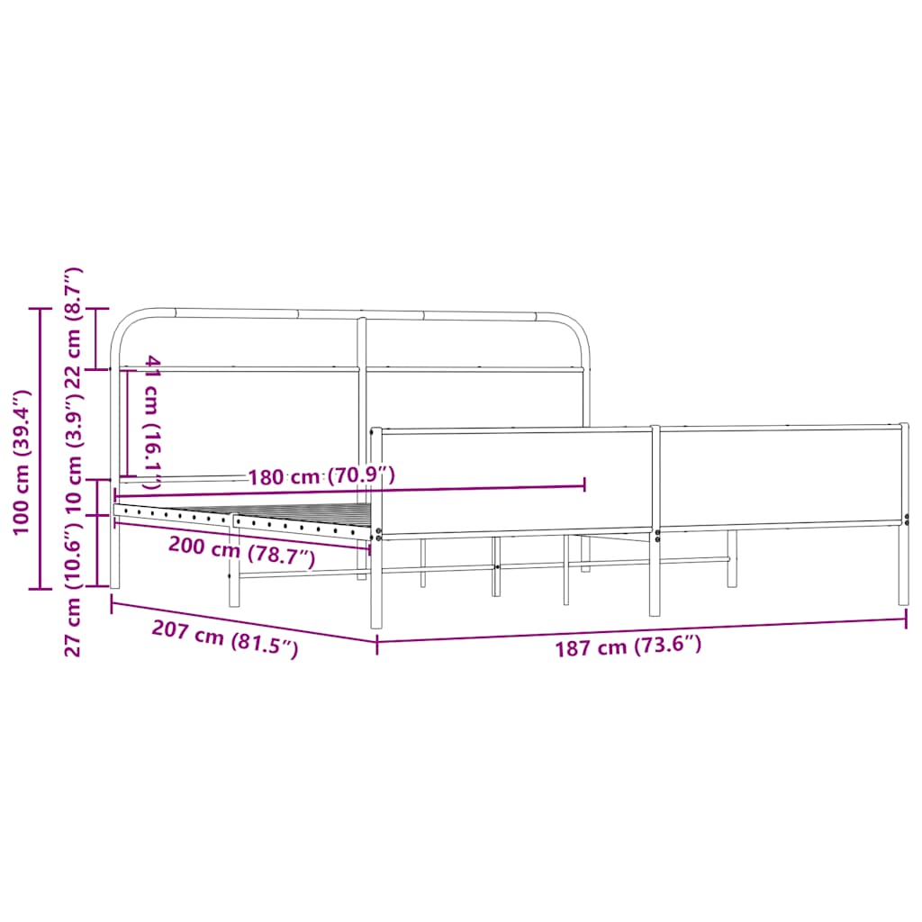 Metal Bed Frame without Mattress Sonoma Oak Finish 180x200 cm