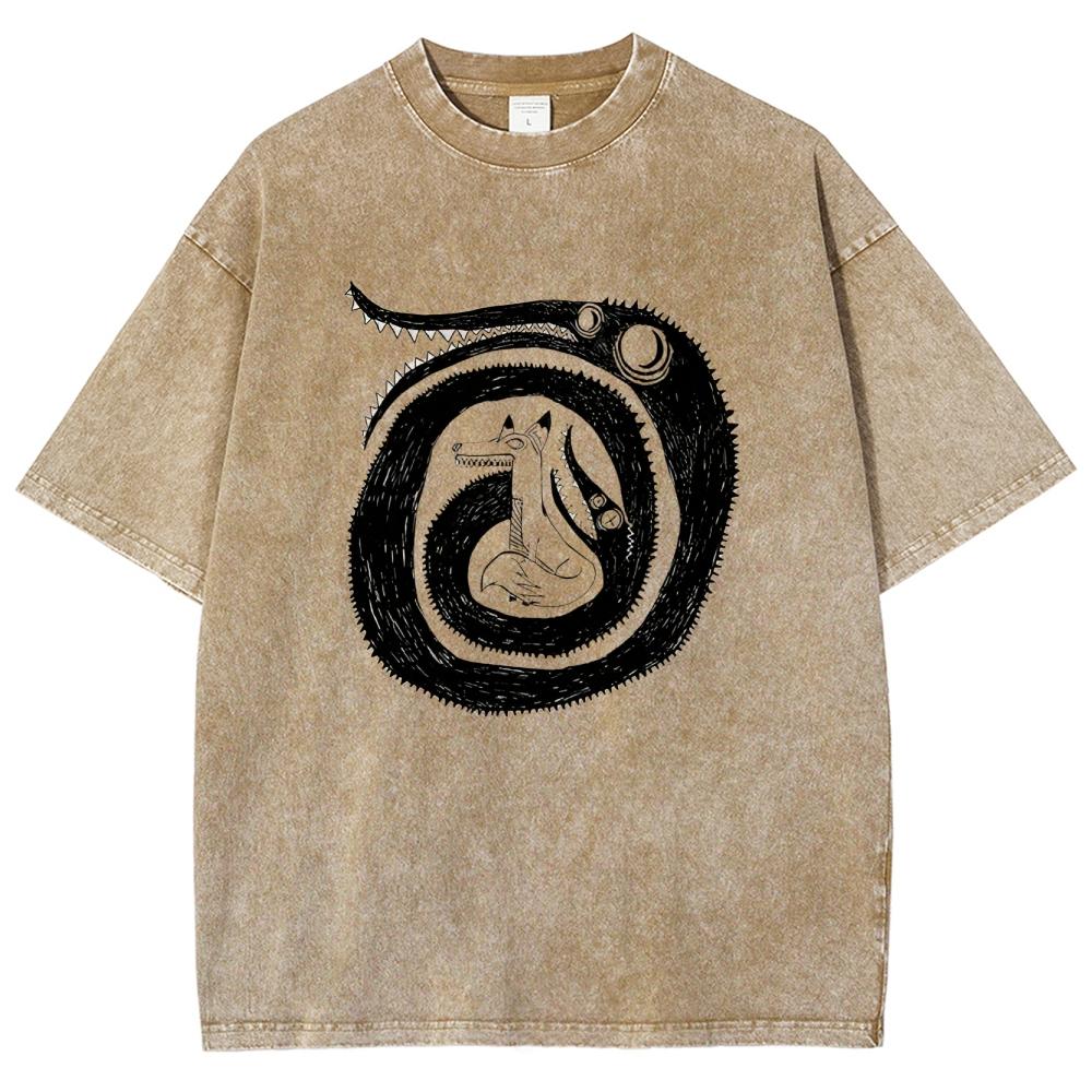Abstract Black Cartoon Fox Print Women's T-Shirt Unisex Crew Neck Wash Loose Short SleeveDesign Sense