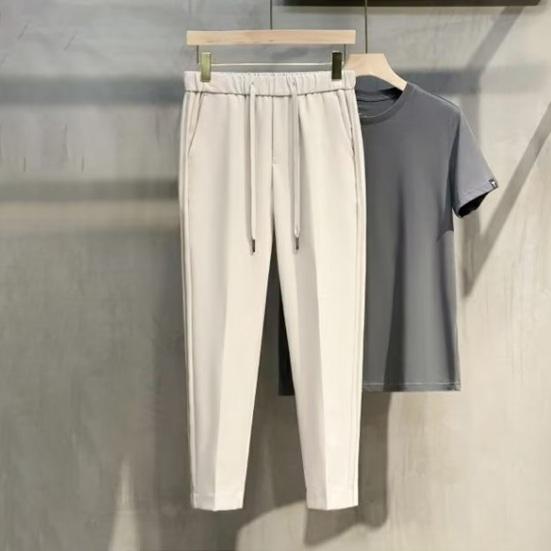 Men Suit Pants Drawstring Elastic Waist Straight Leg Solid Color Loose Formal Business Style Office Wear