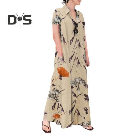 Женское летнее платье трапециевидной формы с лацканами, свободная рубашка с цветочным принтом, с короткими рукавами на пуговицах и боковыми карманами, длинное платье до щиколотки