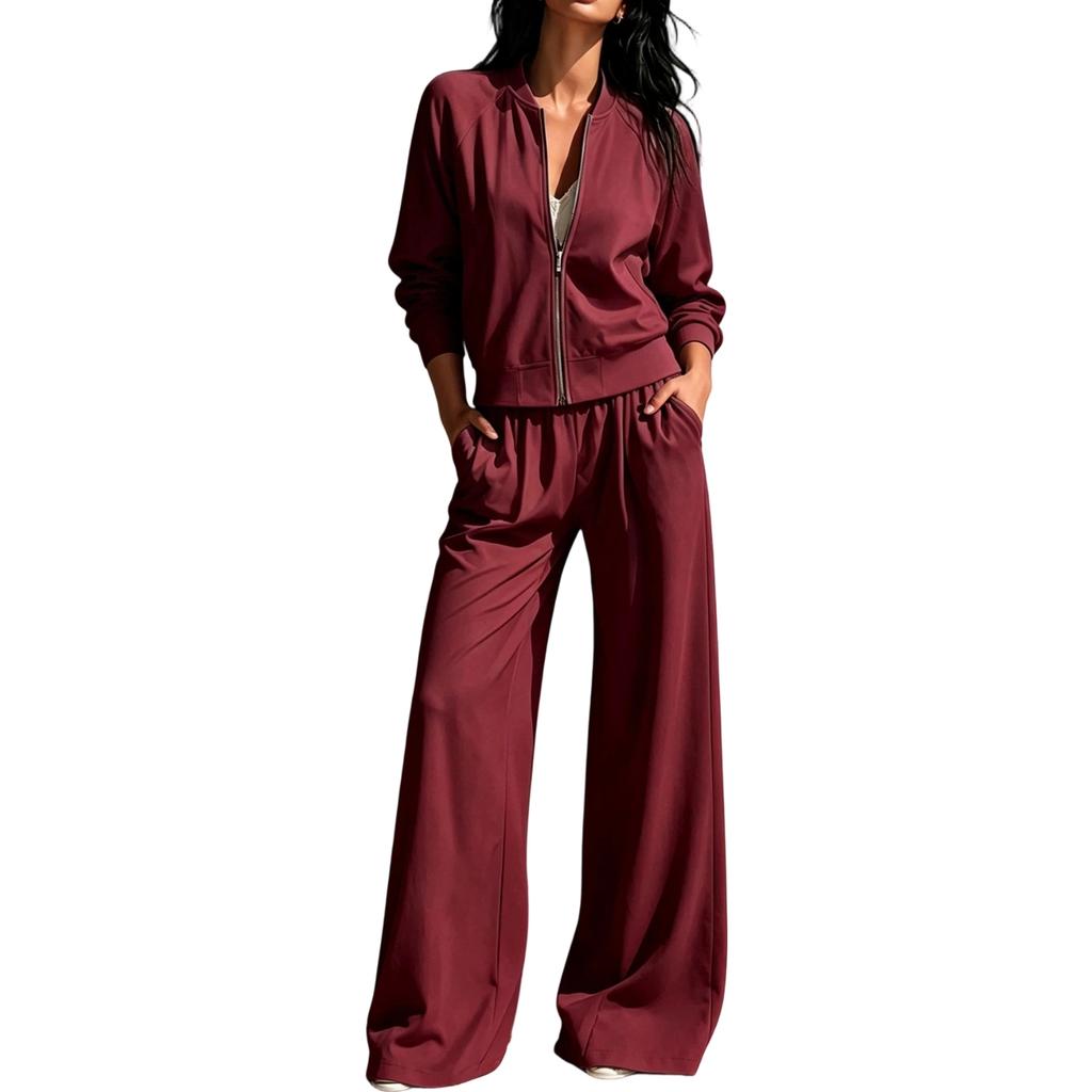 Women's Casual Two Piece Outfit with Zip Up Stand Collar Jacket and Long Pants for Fall Winter