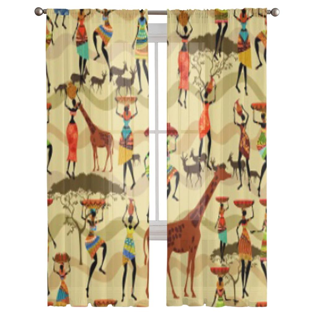 Seamless Texture With African Women Chiffon Sheer Curtains for Living Room Bedroom Decoration Window Voiles Tulle Curtain