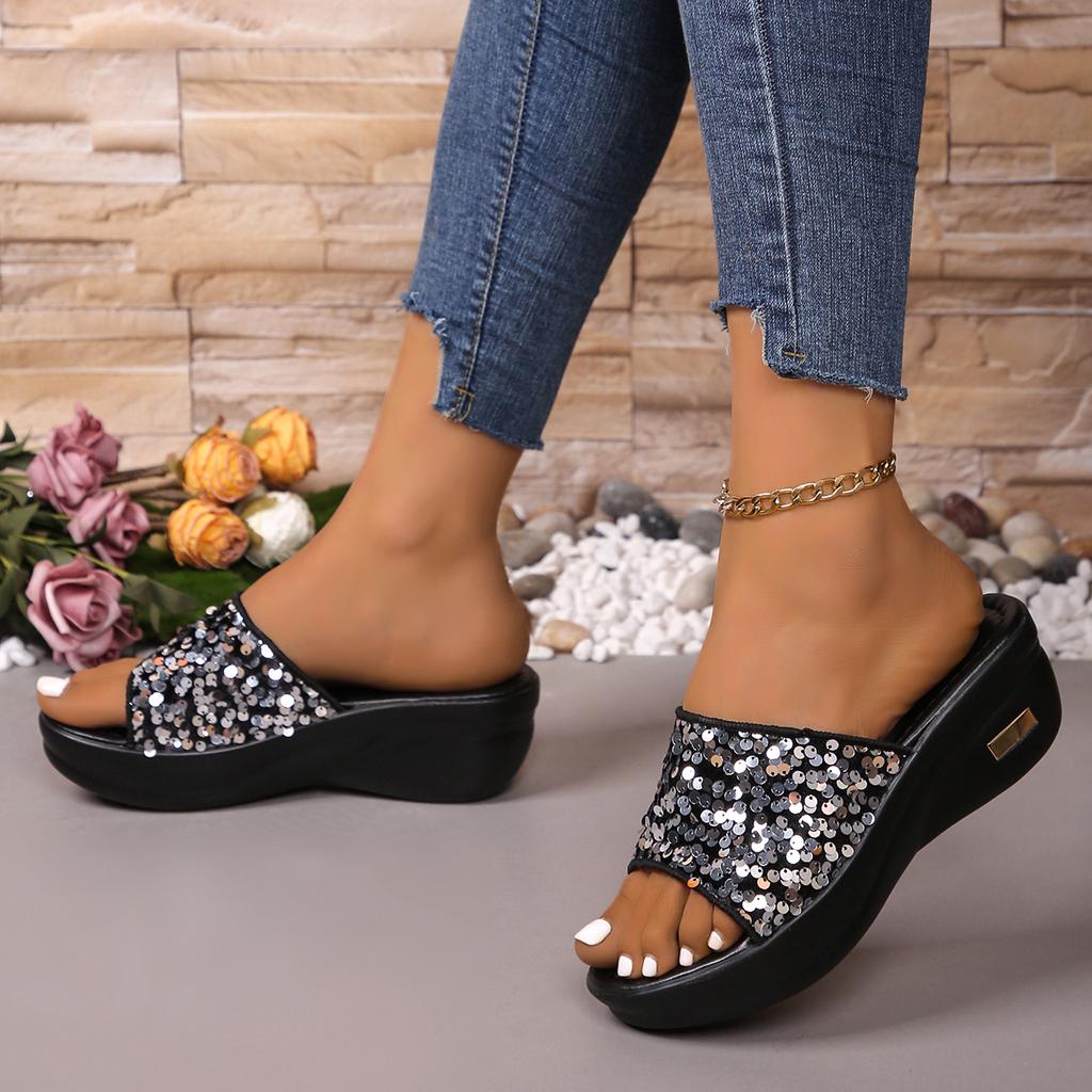 2024 New Fashion Summer Solid Color Versatile Women's Slippers Sequin Open Toe Wedge Women's Shoes Comfortable To Wear Out