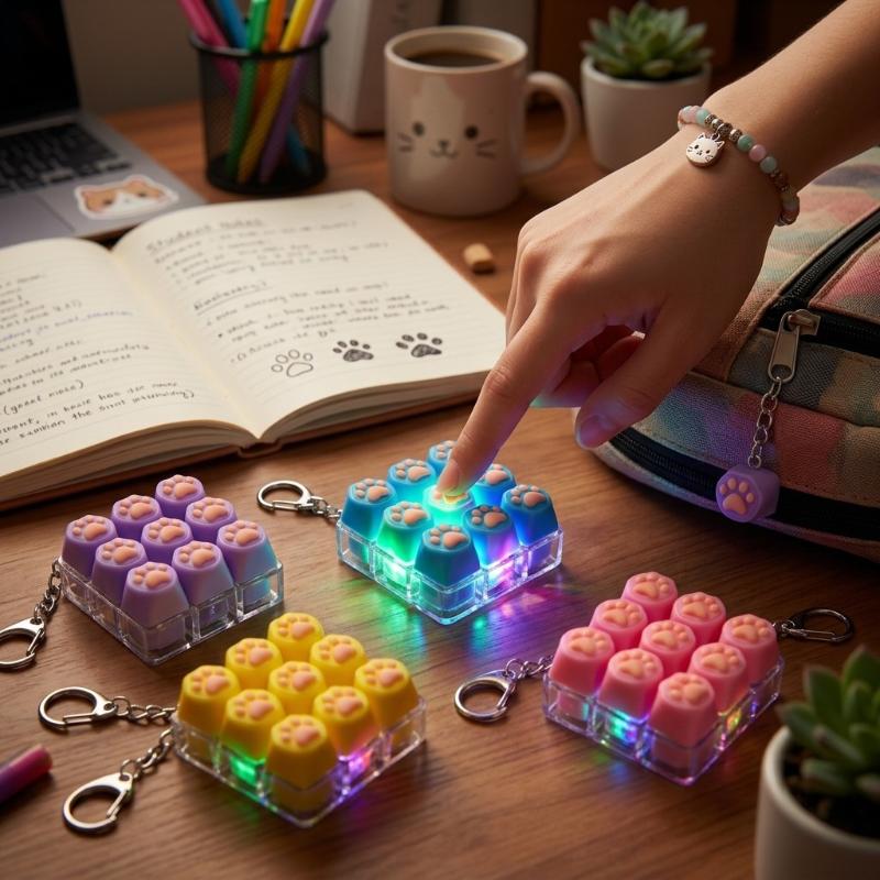 Милый Мини-клавиатура Брелок-лапка кошки RGB Светодиодная подсветка Подвеска на рюкзак для снятия стресса Подарки на День святого Валентина