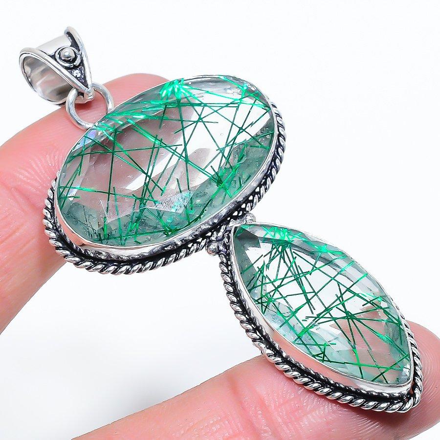 Natural Green Rutile Gemstone Handmade 925 Sterling Silver Pendant 2.96" N6e03