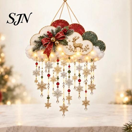Snow Theme Wall Decor Vintage Lighted Christmas Snowfall Cloud, Cascading Snowflake Light with Reindeer/Angel, Holiday Gift for Home LED Hanging