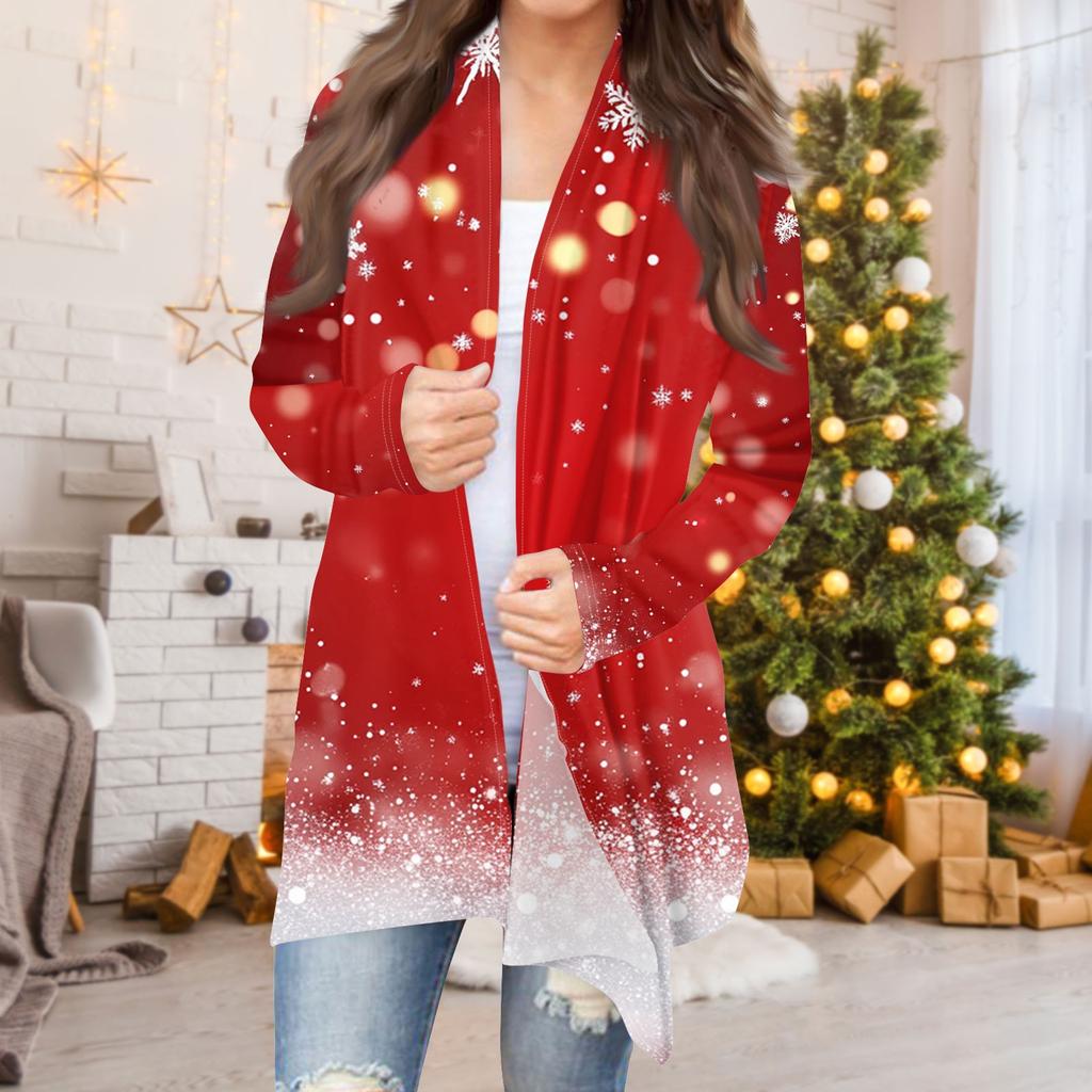 Женская мода повседневная рождественская печать средней длины кардиган куртка пальто