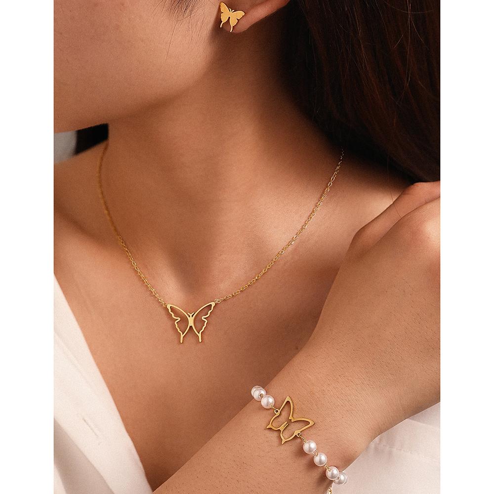 Stainless Steel Jewelry Set Necklace Earrings Pearl Bracelet Skeleton Butterfly Simple Design Jewelry Set For Women Jewelry Gift
