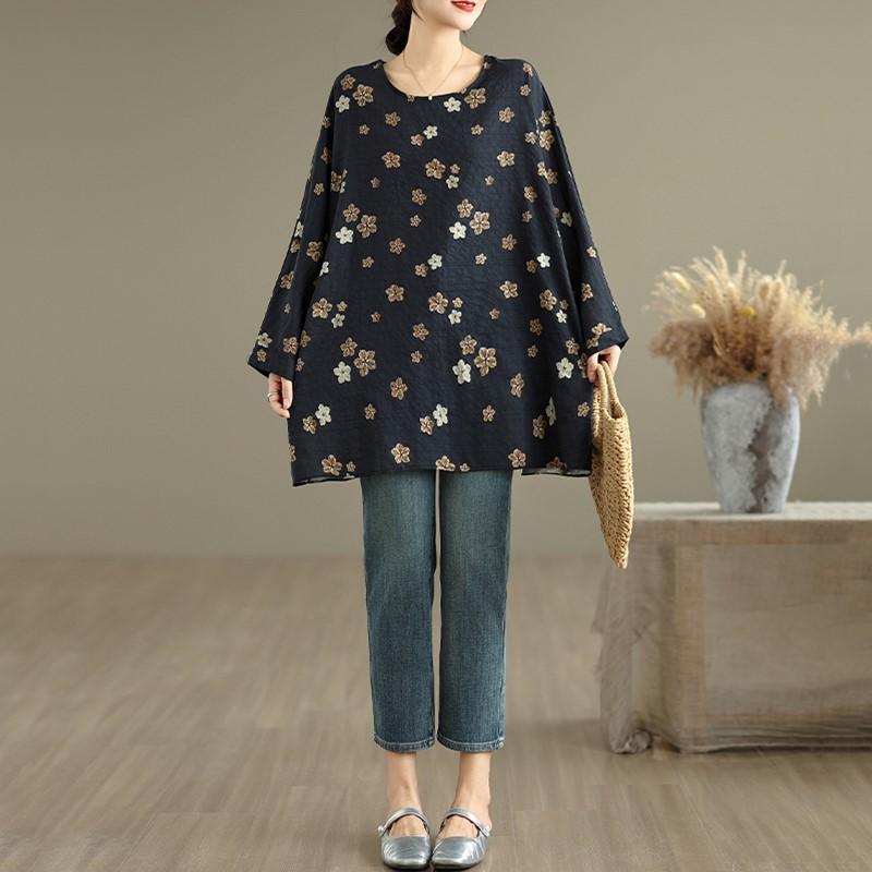 Хлопковая винтажная футболка с длинным рукавом оверсайз с цветочным принтом, повседневная свободная, топы, женская футболка на весну-осень