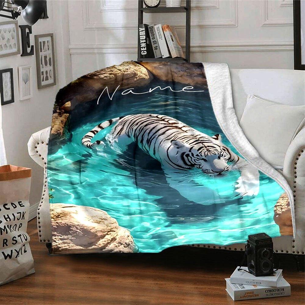 White Tiger In Pool Home Customize Your Name Blankets Soft And Cozy For All Seasons Perfect For Picnics Sofa Office Bed Living Room Ideal Gift For